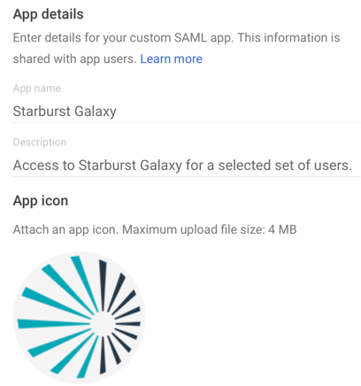 SSO Google custom SAML app details